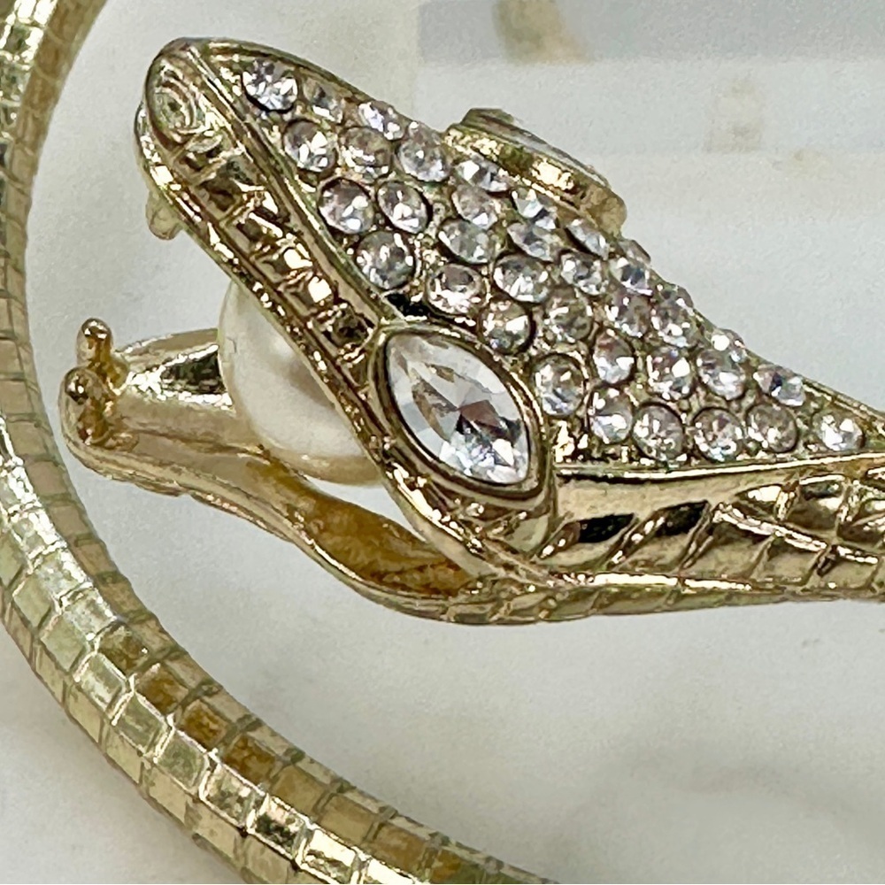 Snake Bracelet Pearl In Mouth Rhinestone Head Coiled Gold-tone Serpent Bracelet - Picture 8 of 13